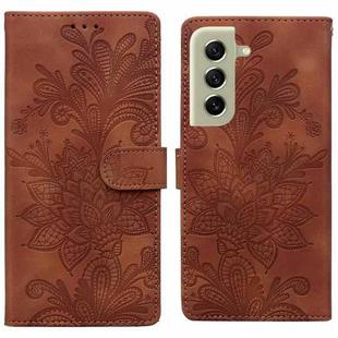 For Samsung Galaxy S21 5G Lace Floral Embossed Magnetic Buckle PU Phone Case With Wrist Strap(Brown)