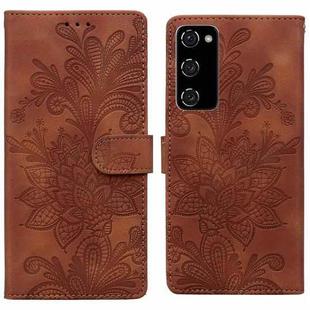 For Samsung Galaxy S20 FE Lace Floral Embossed Magnetic Buckle PU Phone Case With Wrist Strap(Brown)