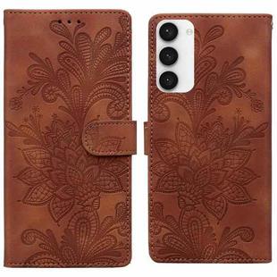 For Samsung Galaxy S23+ 5G Lace Floral Embossed Magnetic Buckle PU Phone Case With Wrist Strap(Brown)