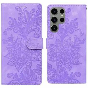 For Samsung Galaxy S23 Ultra 5G Lace Floral Embossed Magnetic Buckle PU Phone Case With Wrist Strap(Purple)