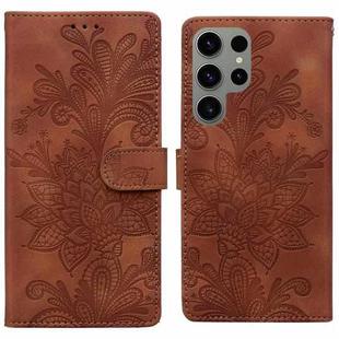 For Samsung Galaxy S23 Ultra 5G Lace Floral Embossed Magnetic Buckle PU Phone Case With Wrist Strap(Brown)