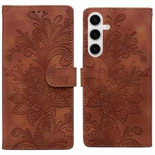 For Samsung Galaxy S25 5G Lace Floral Embossed Magnetic Buckle PU Phone Case With Wrist Strap(Brown)
