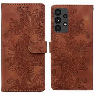For Samsung Galaxy A13 4G / 5G / A04S Lace Floral Embossed Magnetic Buckle PU Phone Case With Wrist Strap(Brown)