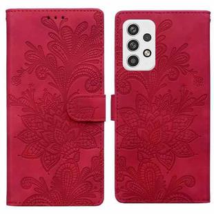 For Samsung Galaxy A32 4G Lace Floral Embossed Magnetic Buckle PU Phone Case With Wrist Strap(Red)
