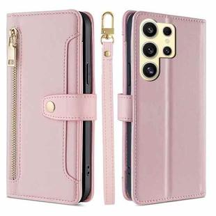 For Samsung Galaxy S25 Ultra 5G Sheep Texture Cross-body Zipper Wallet Leather Phone Case(Pink)