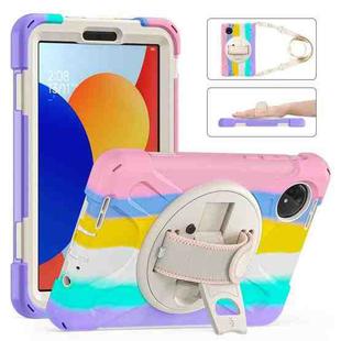 For Xiaomi Redmi Pad SE 8.7 Rotatable Holder Silicone Hybrid PC Tablet Case with Shoulder Strap(Colorful Pink)