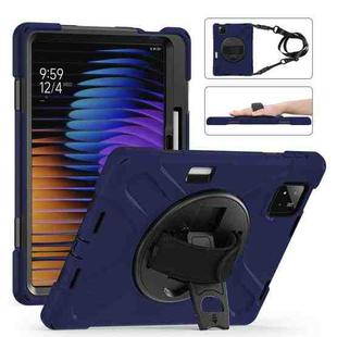 For Xiaomi Pad 7 / 7 Pro Rotatable Holder Silicone Hybrid PC Tablet Case with Shoulder Strap(Navy Blue)