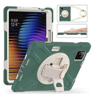 For Xiaomi Pad 7 / 7 Pro Rotatable Holder Silicone Hybrid PC Tablet Case with Shoulder Strap(Emreald Green)