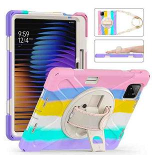 For Xiaomi Pad 7 / 7 Pro Rotatable Holder Silicone Hybrid PC Tablet Case with Shoulder Strap(Colorful Pink)
