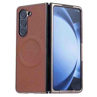 For Samsung Galaxy Z Fold5 Three Parts MagSafe Litchi Texture Fold Phone Case(Brown)