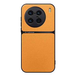 For vivo X90 Pro+ Litchi Leather Magnetic Full Coverage Shockproof Phone Case(Yellow)