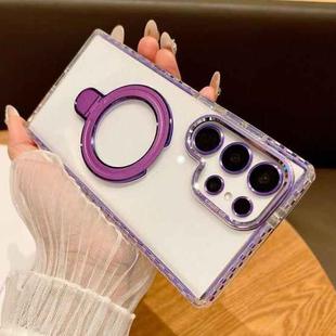 For Samsung Galaxy S22 Ultra 5G Transparent MagSafe Holder Phone Case with Lens Film(Purple)