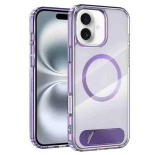 For iPhone 16 Plus Clear PC Hybrid TPU MagSafe Phone Case with Holder(Purple)