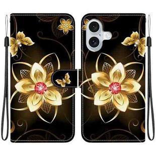 For iPhone 16 Plus Crystal Texture Colored Drawing Leather Phone Case(Gold Flower)