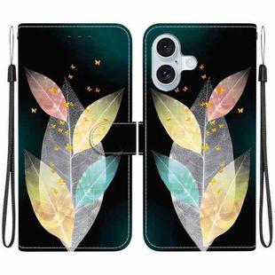 For iPhone 16 Plus Crystal Texture Colored Drawing Leather Phone Case(Colored Leaves)