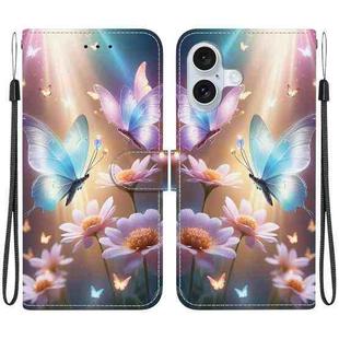 For iPhone 16 Plus Crystal Texture Colored Drawing Leather Phone Case(Butterfly Love Flower)