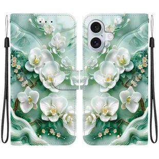 For iPhone 16 Plus Crystal Texture Colored Drawing Leather Phone Case(Jade Flowers)