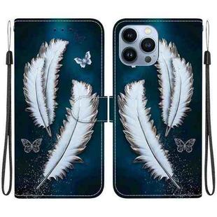 For iPhone 15 Pro Max Crystal Texture Colored Drawing Leather Phone Case(White Butterfly Feathers)