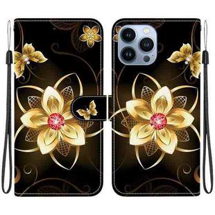 For iPhone 15 Pro Max Crystal Texture Colored Drawing Leather Phone Case(Gold Flower)