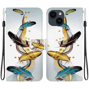 For iPhone 15 Crystal Texture Colored Drawing Leather Phone Case(Gold Butterfly Feathers)