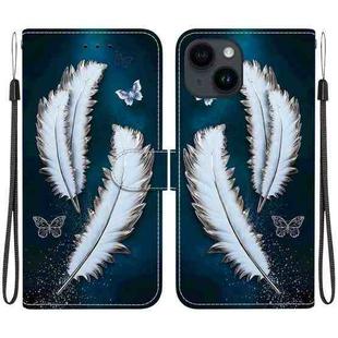 For iPhone 15 Crystal Texture Colored Drawing Leather Phone Case(White Butterfly Feathers)