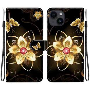 For iPhone 15 Crystal Texture Colored Drawing Leather Phone Case(Gold Flower)