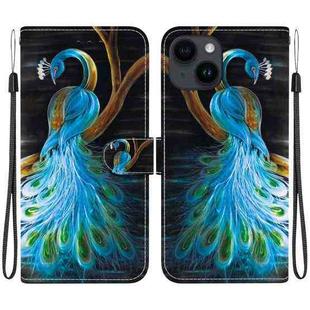 For iPhone 15 Crystal Texture Colored Drawing Leather Phone Case(Peacock)