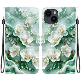 For iPhone 15 Crystal Texture Colored Drawing Leather Phone Case(Jade Flowers)