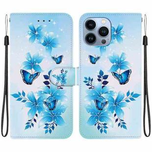 For iPhone 14 Pro Crystal Texture Colored Drawing Leather Phone Case(Blue Butterflies)