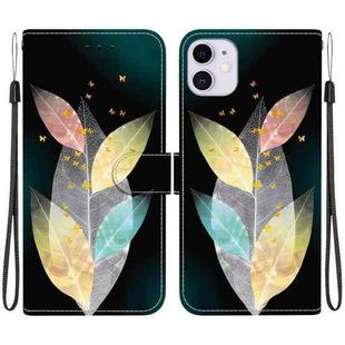 For iPhone 11 Crystal Texture Colored Drawing Leather Phone Case(Colored Leaves)