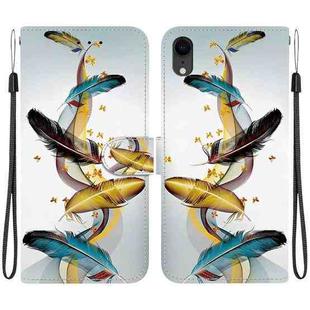 For iPhone XR Crystal Texture Colored Drawing Leather Phone Case(Gold Butterfly Feathers)