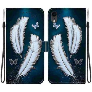 For iPhone XR Crystal Texture Colored Drawing Leather Phone Case(White Butterfly Feathers)