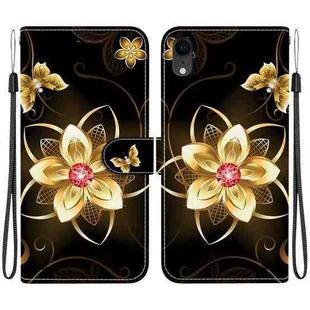 For iPhone XR Crystal Texture Colored Drawing Leather Phone Case(Gold Flower)