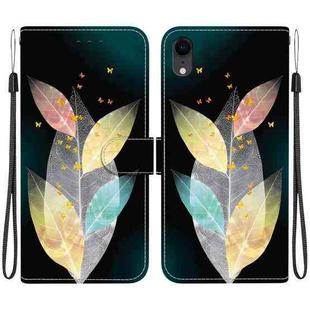 For iPhone XR Crystal Texture Colored Drawing Leather Phone Case(Colored Leaves)