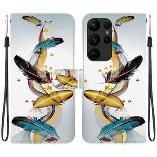 For Samsung Galaxy S23 Ultra 5G Crystal Texture Colored Drawing Leather Phone Case(Gold Butterfly Feathers)