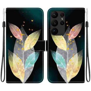 For Samsung Galaxy S23 Ultra 5G Crystal Texture Colored Drawing Leather Phone Case(Colored Leaves)