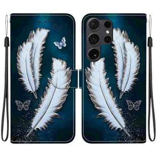 For Samsung Galaxy S22 Ultra 5G Crystal Texture Colored Drawing Leather Phone Case(White Butterfly Feathers)