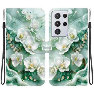 For Samsung Galaxy S21 Ultra 5G Crystal Texture Colored Drawing Leather Phone Case(Jade Flowers)