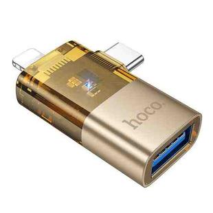 hoco UA36E 8 Pin, USB-C / Type-C Male to USB Female 2 in 1 OTG Transparent Adapter(Gold)