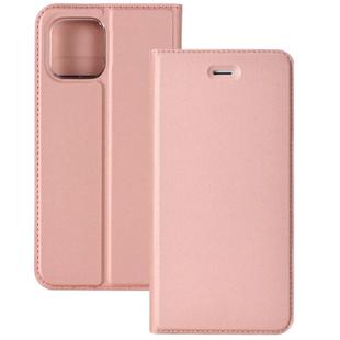 For iPhone 12 Pro Max Ultra-thin Plain Magnetic TPU + PU Leather Case with Holder & Card Slot(Rose Gold)