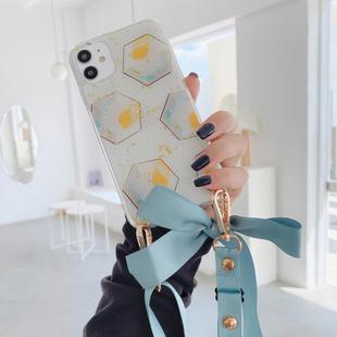 For iPhone 11 Ribbon Bow Geometric Pattern Glitter TPU Shockproof Case with Neck Strap(Hexagon)