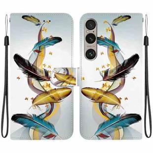 For Sony Xperia 1 VI Crystal Texture Colored Drawing Leather Phone Case(Gold Butterfly Feathers)