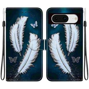 For Google Pixel 8 Crystal Texture Colored Drawing Leather Phone Case(White Butterfly Feathers)