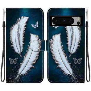 For Google Pixel 8 Pro Crystal Texture Colored Drawing Leather Phone Case(White Butterfly Feathers)