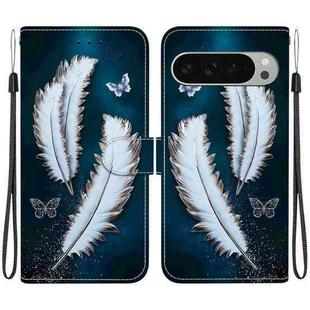 For Google Pixel 9 / 9 Pro Crystal Texture Colored Drawing Leather Phone Case(White Butterfly Feathers)