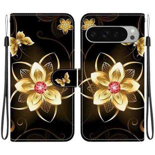 For Google Pixel 9 / 9 Pro Crystal Texture Colored Drawing Leather Phone Case(Gold Flower)