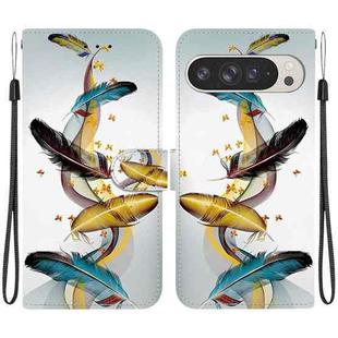 For Google Pixel 9 Pro XL Crystal Texture Colored Drawing Leather Phone Case(Gold Butterfly Feathers)