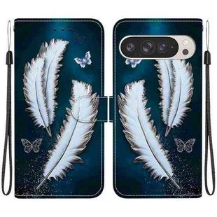 For Google Pixel 9 Pro XL Crystal Texture Colored Drawing Leather Phone Case(White Butterfly Feathers)