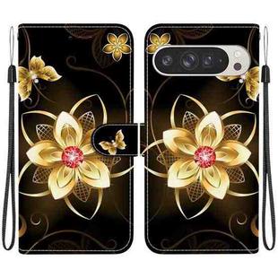 For Google Pixel 9 Pro XL Crystal Texture Colored Drawing Leather Phone Case(Gold Flower)