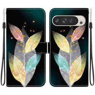 For Google Pixel 9 Pro XL Crystal Texture Colored Drawing Leather Phone Case(Colored Leaves)